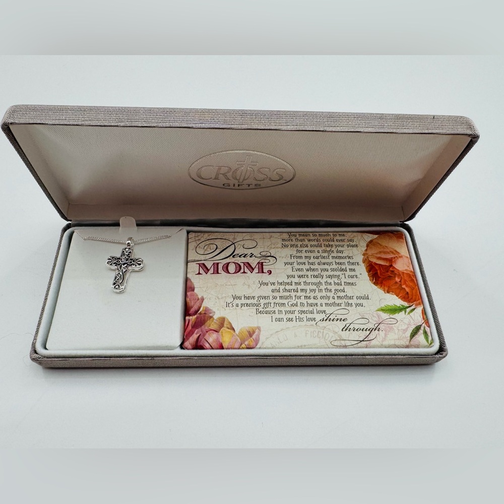 Mom Necklace Cross Gifts Silver Plated CZ Scroll Cross 18in Chain Religious New